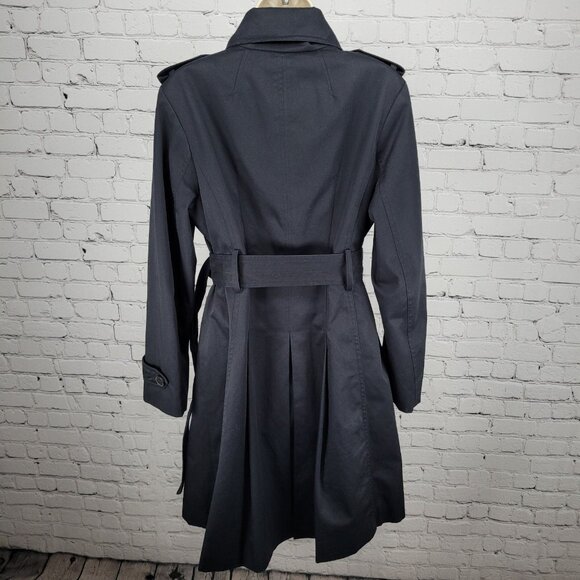 London Fog Black Double Breasted Buttoned Belted Pleated Long Trench Coat 6 - Picture 2 of 16